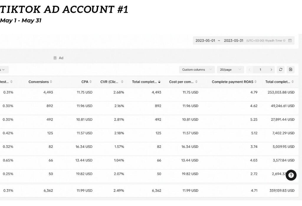 TikTok Ads account 1: monthly conversions, CPA and ROAS