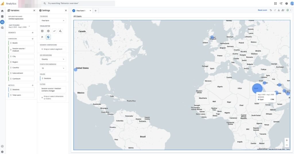 GA4 map: ChatGPT sessions by country